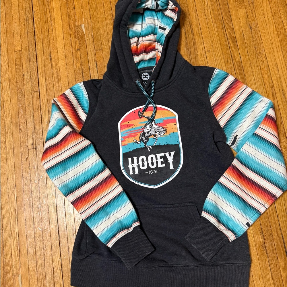 Hooey Black Hoodie with Turquoise and Coral Striped Sleeves